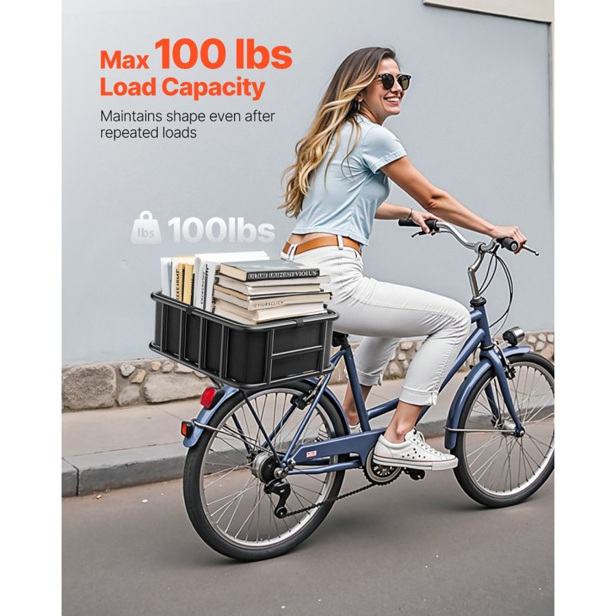 VEVOR Rear Bike Basket, Medium Bicycle Basket with Cargo Net, Liner & Waterproof Cover, Heavy Duty Bike Back Basket for Adult Women/Men Carrying Dogs, Pets, Fruit & Grocery, Mounting Tools Included