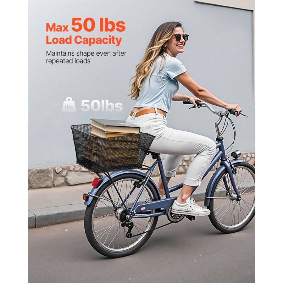 VEVOR Rear Bike Basket, Wire Mesh Bicycle Basket with Cargo Net & Waterproof Cover, Durable Metal Bike Back Basket, Fits Most Rear Bike Racks, Mounting Tools Included
