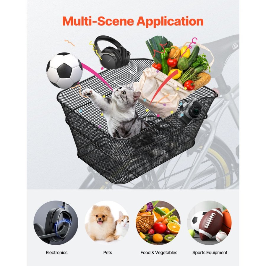VEVOR Rear Bike Basket, Wire Mesh Bicycle Basket with Cargo Net & Waterproof Cover, Durable Metal Bike Back Basket, Fits Most Rear Bike Racks, Mounting Tools Included