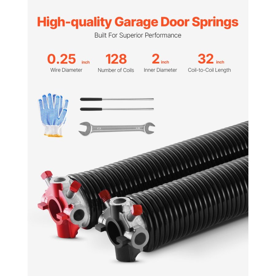 VEVOR Garage Door Torsion Springs, Pair of 0.25 x 2 x 32 in, 16000 Cycles, Electrophoresis Black Coated for Replacement, Garage Door Springs with Non-Slip Winding Bars, Gloves and Mounting Wrench