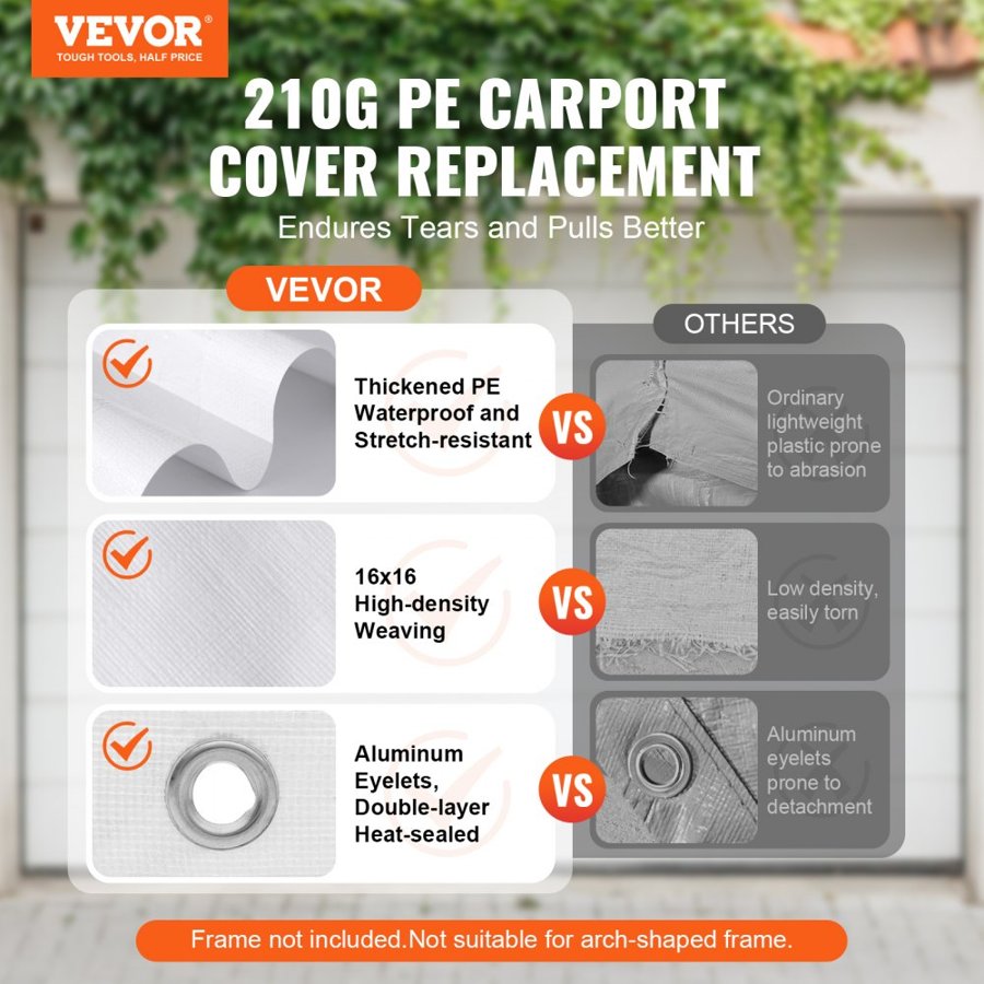 VEVOR 10 x 20 ft Carport Replacement Canopy Cover, Garage Top Tent Shelter Tarp Heavy-Duty Waterproof & UV Protected, Easy Installation with 40 Ball Bungeess (Only Top Cover, Frame Not Include), White