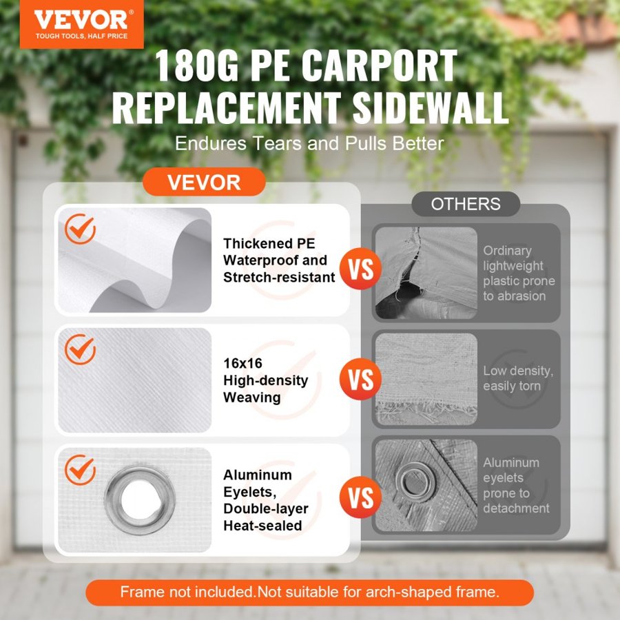 VEVOR Carport Replacement Canopy Cover Side Wall 10 x 20 ft, Garage Tent Shelter Tarp Heavy-Duty Waterproof & UV Protected, Easy Installation with Ball Bungees,White (Top and Frame Not Included)