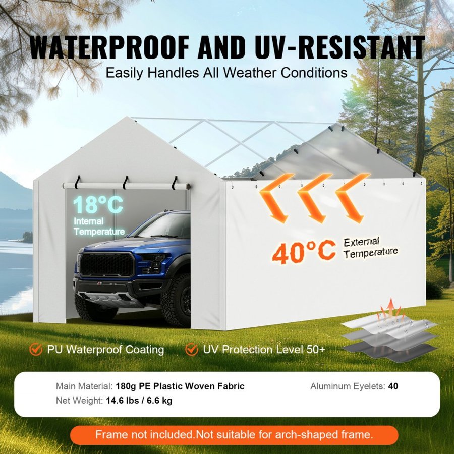 VEVOR Carport Replacement Canopy Cover Side Wall 10 x 20 ft, Garage Tent Shelter Tarp Heavy-Duty Waterproof & UV Protected, Easy Installation with Ball Bungees,White (Top and Frame Not Included)