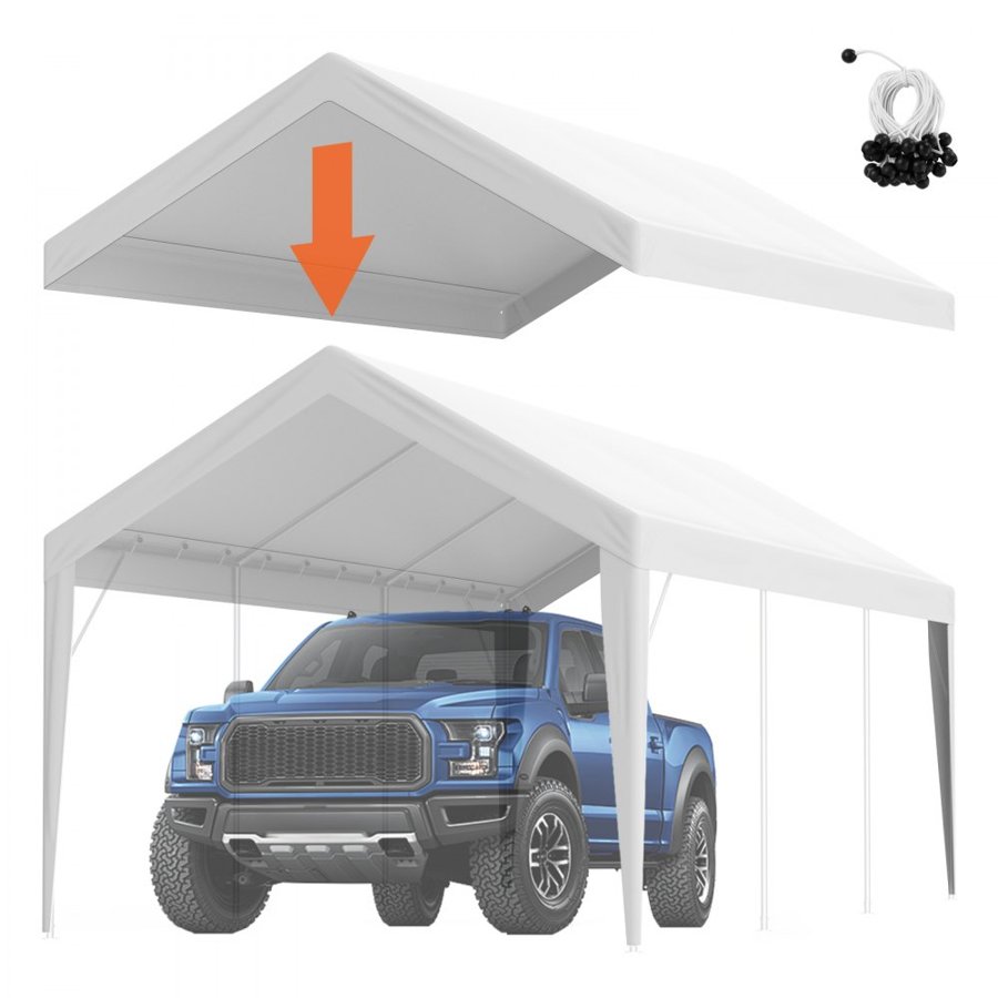 VEVOR Carport Replacement Canopy Cover 6100 x 3040 mm, Garage Top Tent Shelter Tarp Heavy-Duty Waterproof & UV Protected, Easy Installation with Ball Bungees,White (Only Top Cover, Frame Not Include)