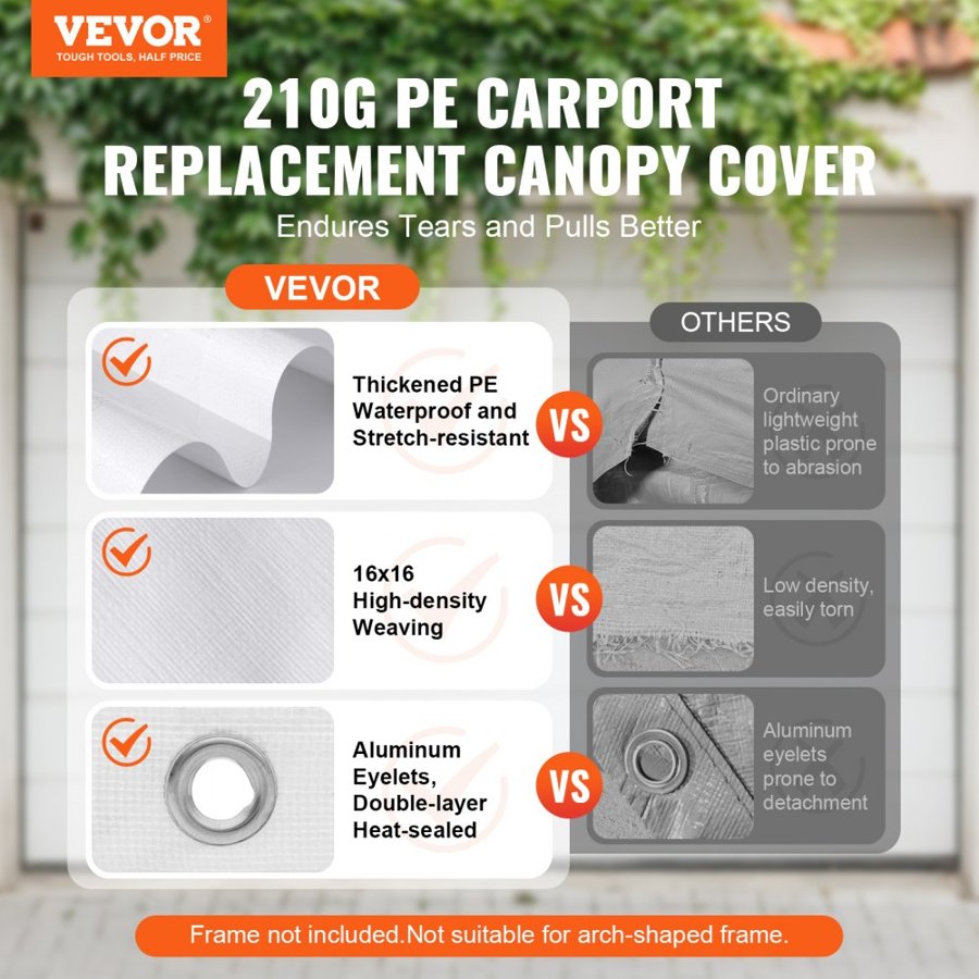 VEVOR Carport Replacement Canopy Cover 6100 x 3040 mm, Garage Top Tent Shelter Tarp Heavy-Duty Waterproof & UV Protected, Easy Installation with Ball Bungees,White (Only Top Cover, Frame Not Include)