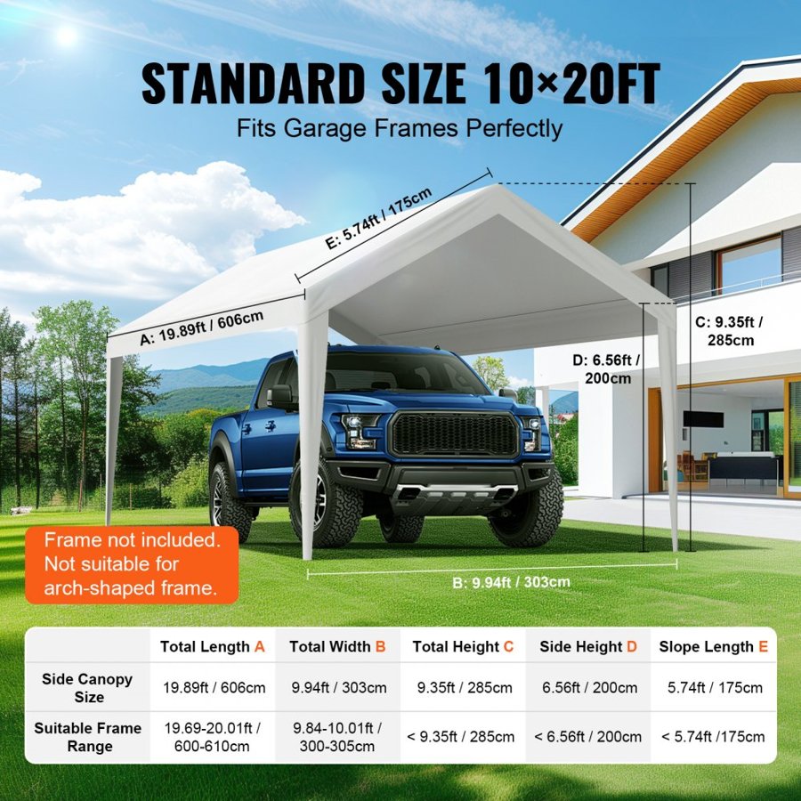 VEVOR Carport Replacement Canopy Cover 6100 x 3040 mm, Garage Top Tent Shelter Tarp Heavy-Duty Waterproof & UV Protected, Easy Installation with Ball Bungees,White (Only Top Cover, Frame Not Include)