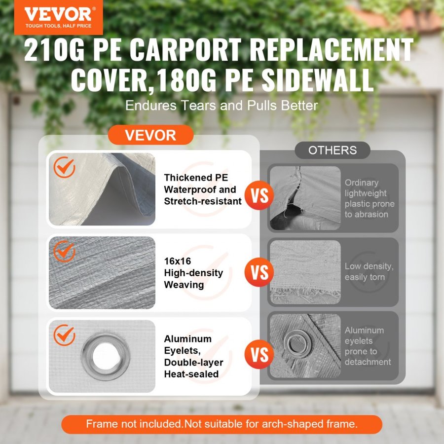 VEVOR Carport Replacement Canopy Cover Top + Side Wall 6000 x 3000 mm, Garage Tent Shelter Tarp Heavy-Duty Waterproof & UV Protected, Easy Installation with Ball Bungees,White (Frame Not Included)