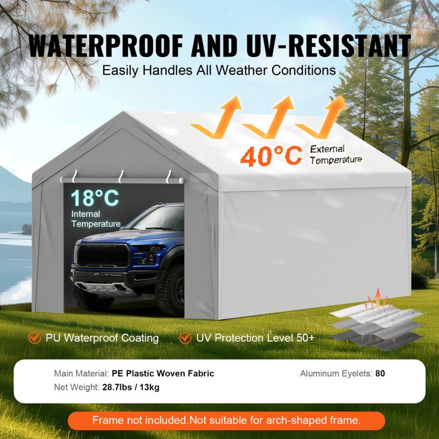 VEVOR Carport Replacement Canopy Cover Top + Side Wall 6000 x 3000 mm, Garage Tent Shelter Tarp Heavy-Duty Waterproof & UV Protected, Easy Installation with Ball Bungees,White (Frame Not Included)