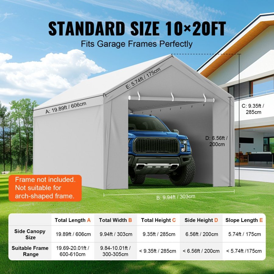 VEVOR Carport Replacement Canopy Cover Top + Side Wall 6000 x 3000 mm, Garage Tent Shelter Tarp Heavy-Duty Waterproof & UV Protected, Easy Installation with Ball Bungees,White (Frame Not Included)
