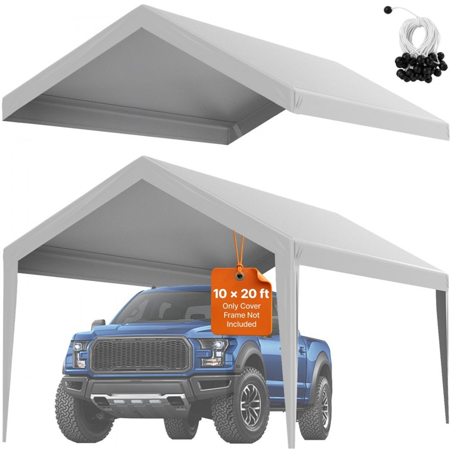 VEVOR Carport Replacement Canopy Cover 6100 x 3040 mm Garage Top Tent Shelter Tarp Heavy-Duty Waterproof & UV Protected, Easy Installation with Ball Bungees,Grey (Only Top Cover, Frame Not Include)