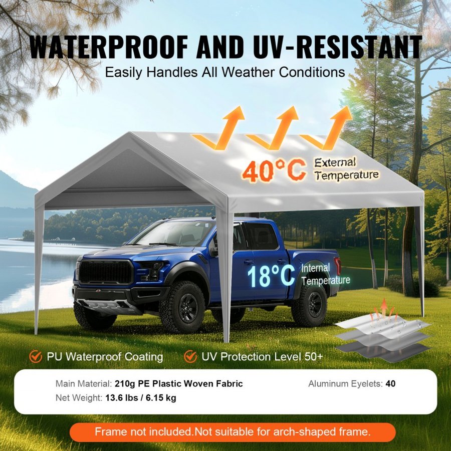 VEVOR Carport Replacement Canopy Cover 6100 x 3040 mm Garage Top Tent Shelter Tarp Heavy-Duty Waterproof & UV Protected, Easy Installation with Ball Bungees,Grey (Only Top Cover, Frame Not Include)