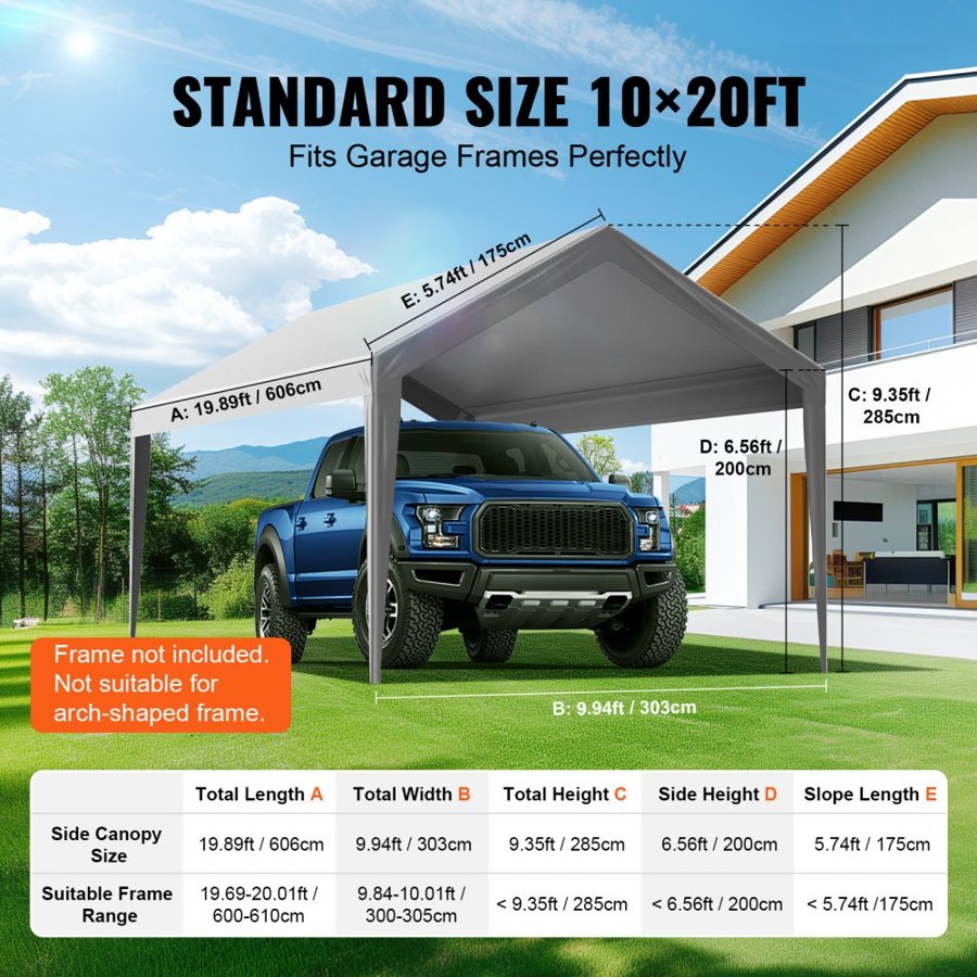 VEVOR Carport Replacement Canopy Cover 6100 x 3040 mm Garage Top Tent Shelter Tarp Heavy-Duty Waterproof & UV Protected, Easy Installation with Ball Bungees,Grey (Only Top Cover, Frame Not Include)