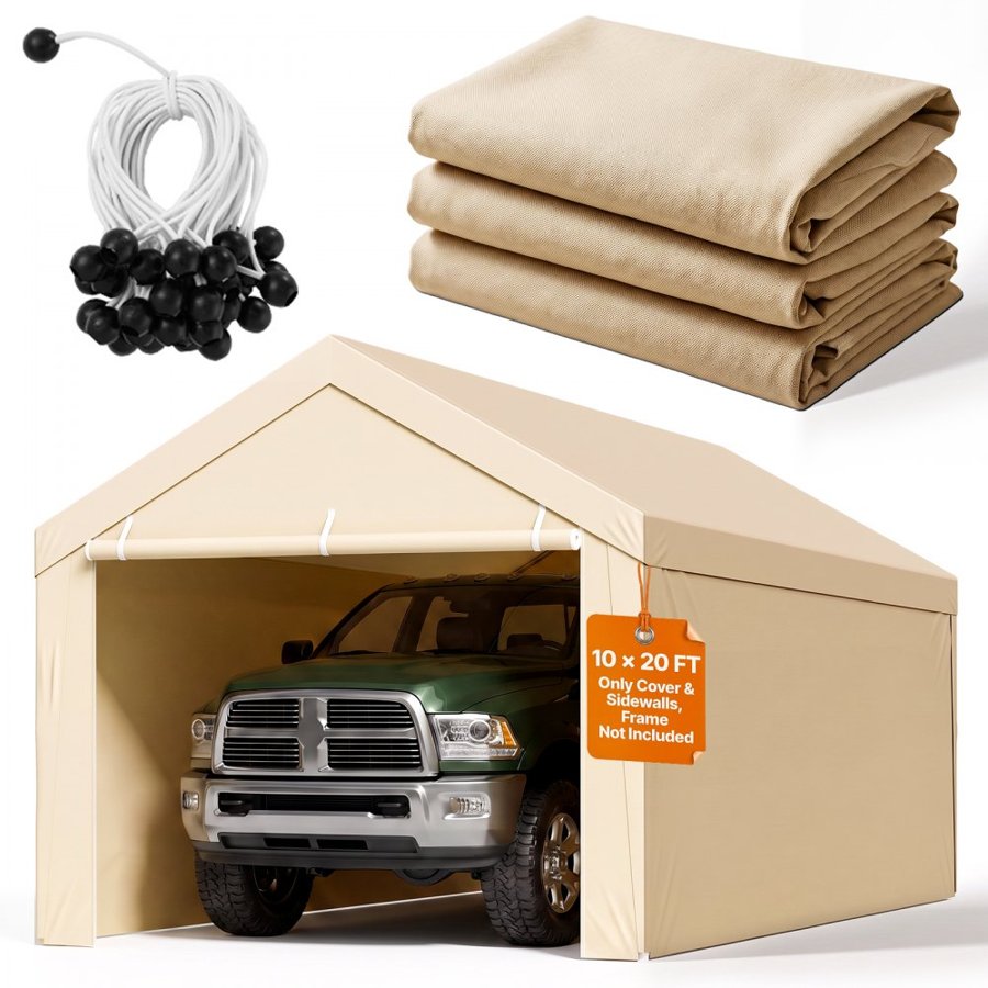 VEVOR Carport Replacement Canopy, 3 x 6 m Potable Garage Tent Top Tarp with Sidewalls, UV-Resistant & Waterproof, Heavy Duty Car Shelter Tarp with Ball Buggees, Beige, Frame Not Included