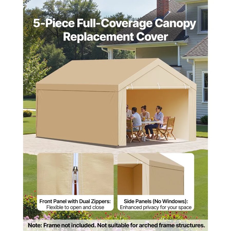 VEVOR Carport Replacement Canopy, 3 x 6 m Potable Garage Tent Top Tarp with Sidewalls, UV-Resistant & Waterproof, Heavy Duty Car Shelter Tarp with Ball Buggees, Beige, Frame Not Included