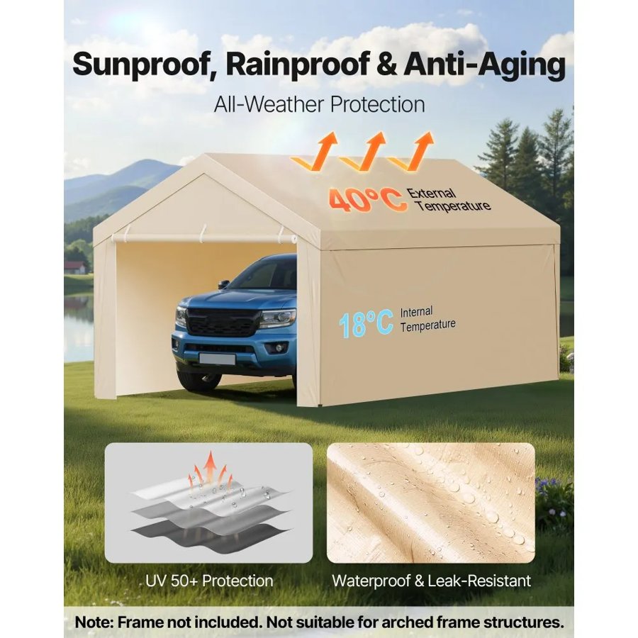 VEVOR Carport Replacement Canopy, 3 x 6 m Potable Garage Tent Top Tarp with Sidewalls, UV-Resistant & Waterproof, Heavy Duty Car Shelter Tarp with Ball Buggees, Beige, Frame Not Included