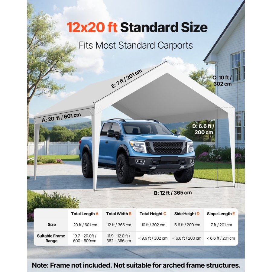 VEVOR 12x20 Carport Replacement Canopy – Waterproof PE Tarp