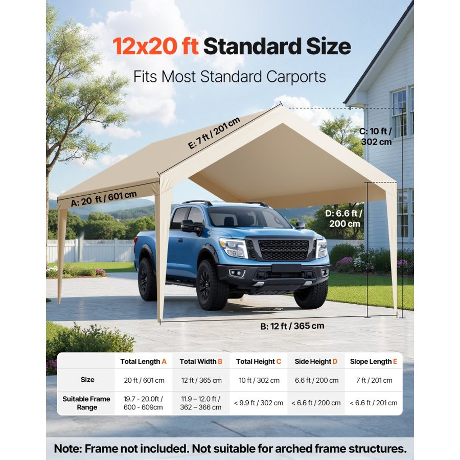VEVOR 12 X 20 Carport Canopy Replacement – 210g, PE, UV50+