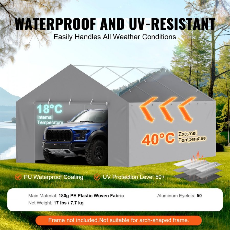 VEVOR Carport Replacement Canopy Cover Side Wall 13 x 20 ft, Garage Tent Shelter Tarp Heavy-Duty Waterproof & UV Protected, Easy Installation with Ball Bungees,Grey (Top and Frame Not Included)