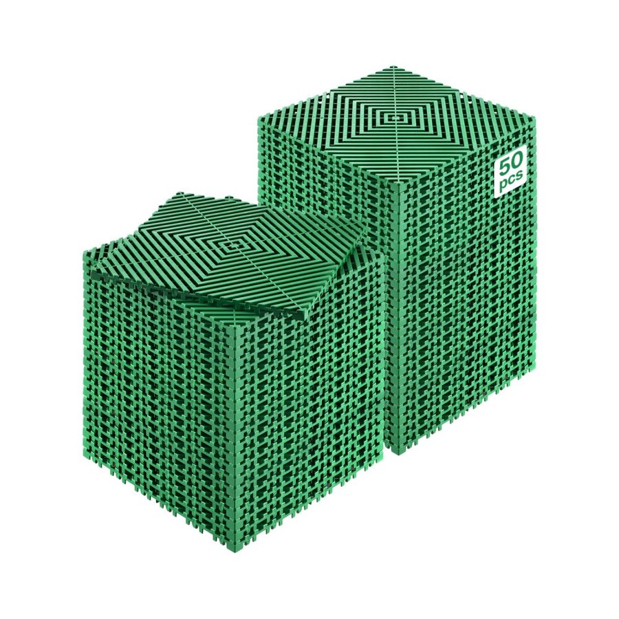VEVOR Interlocking Drainage Mat, 50 Pcs Modular Interlocking Cushion, 12” x 12” Splicing Drainage Mats, Non-Slip Green PP Drainage Floor Tile and Shower Mat, for Garage, Garden, Kitchen & Outdoor
