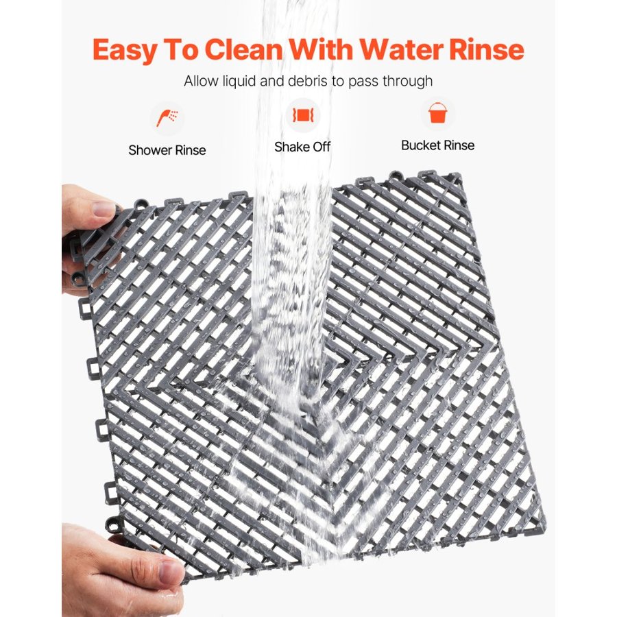 VEVOR Interlocking Drainage Mat, 12” x 12” Modular Interlocking Cushion, 12 Pcs Splicing Drainage Mats, Non-Slip Gray PP Drainage Floor Tile and Shower Mat, for Garage, Garden, Kitchen & Outdoor