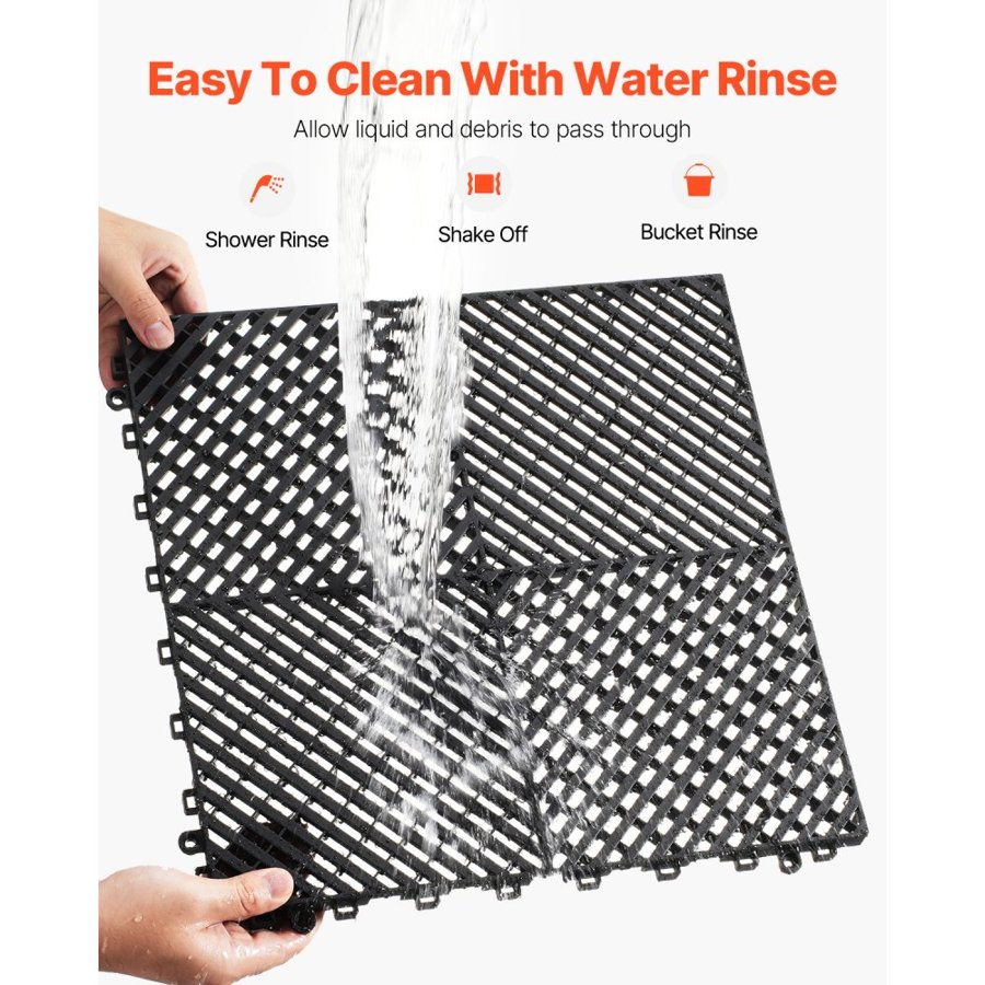 VEVOR Interlocking Drainage Mat, 15.7” x 15.7” Modular Interlocking Cushion, 24 Pcs Splicing Drainage Mats, Non-Slip Black PP Drainage Floor Tile and Shower Mat, for Garage, Garden, Kitchen & Outdoor