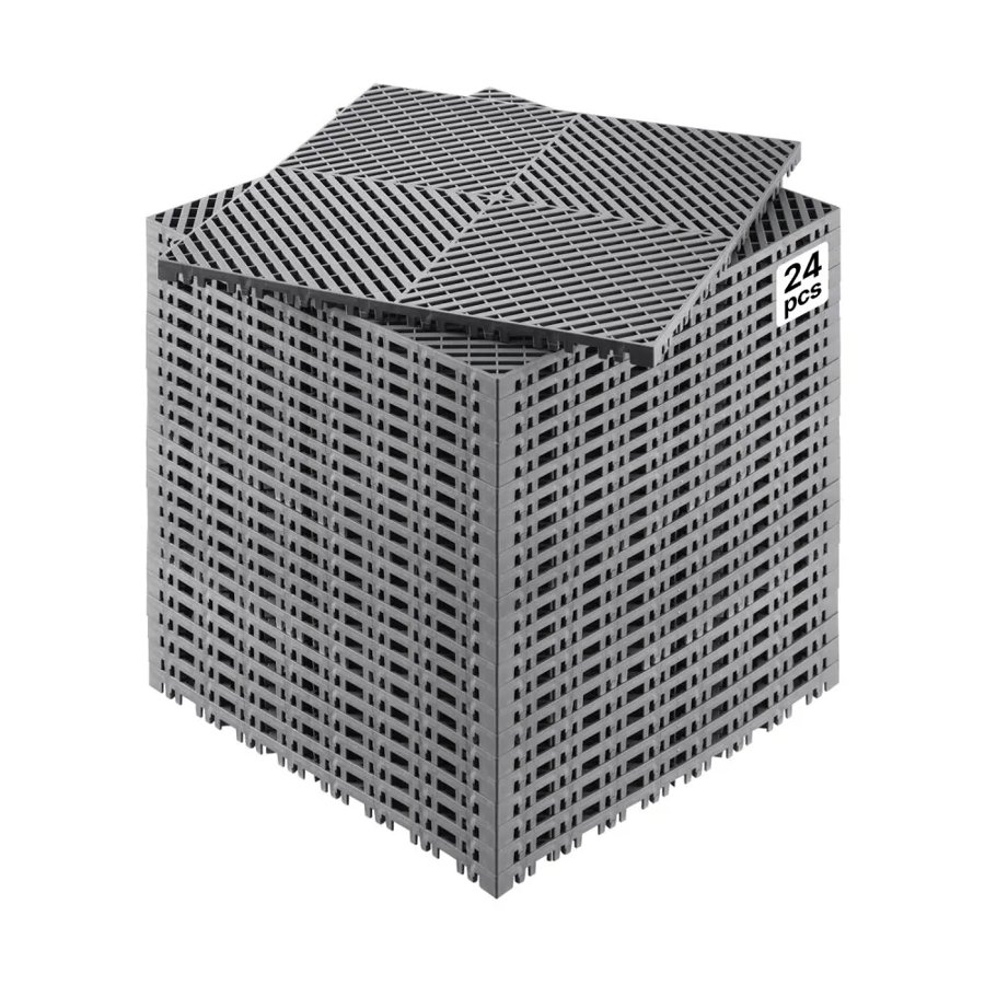 VEVOR Interlocking Drainage Mat, 15.7” x 15.7” Modular Interlocking Cushion, 24 Pcs Splicing Drainage Mats, Non-Slip Gray PP Drainage Floor Tile and Shower Mat, for Garage, Garden, Kitchen & Outdoor
