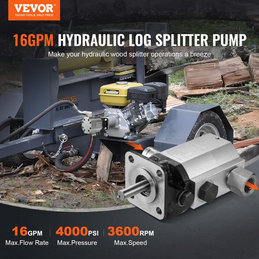 VEVOR Hydraulic Log Splitter Pump, 60.6 L/min, 2 Stage 27.6MPa Wood Log Splitter Pump, 2.54 cm Inlet 1.27 cm NPT Outlet 3600 RPM Aluminum Hydraulic Gear Pump, for Small Engine Mounting Log Splitters Snowplow