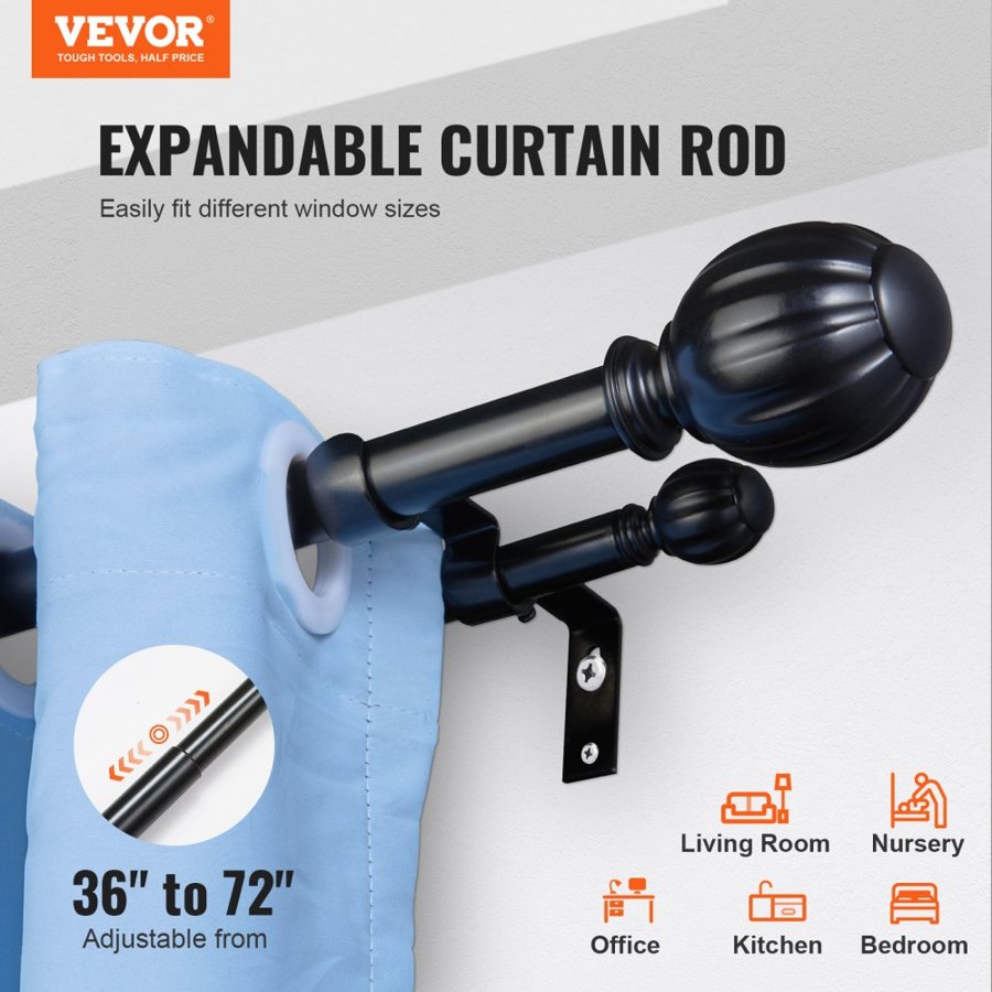 VEVOR Double Rod Curtain Rods, 92-183 cm Adjustable Length, Black Double Curtain Rods with Round Finials, 2.5 cm and 1.9 cm Diameter, Double Window Drapery Rod for Sheer and Blackout Curtains