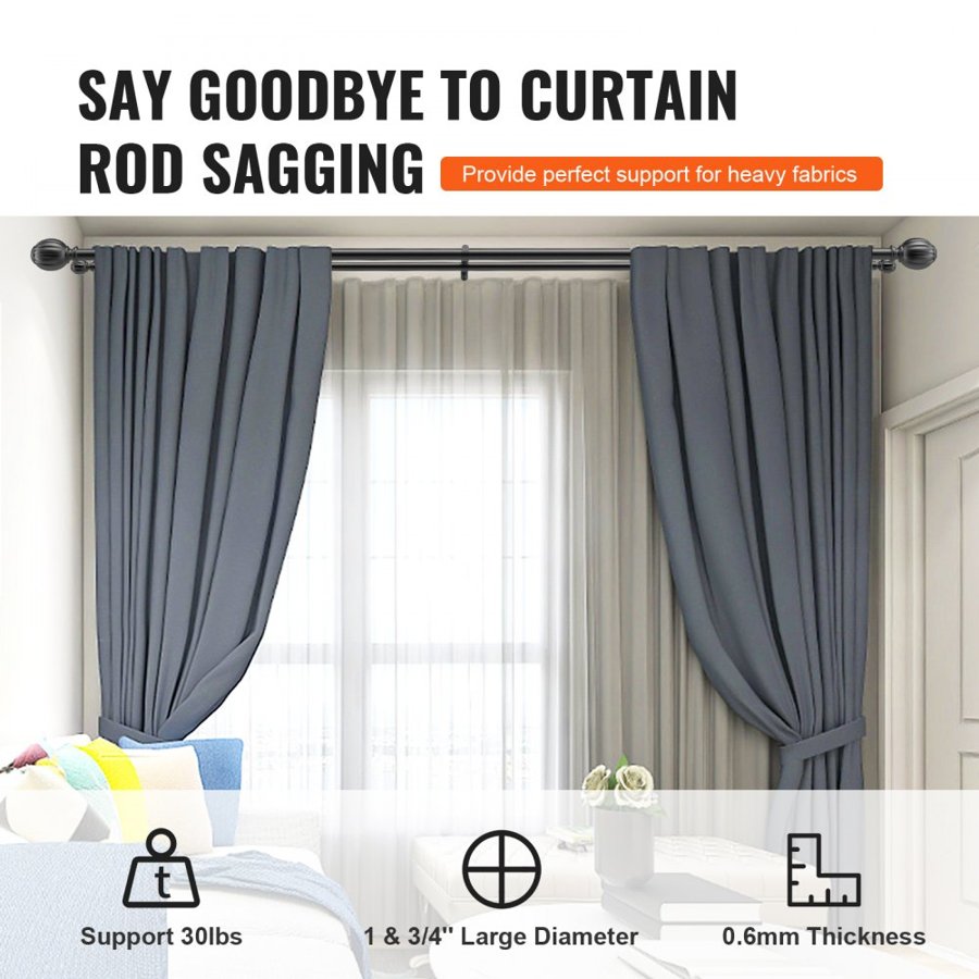 VEVOR Double Rod Curtain Rods, 92-183 cm Adjustable Length, Black Double Curtain Rods with Round Finials, 2.5 cm and 1.9 cm Diameter, Double Window Drapery Rod for Sheer and Blackout Curtains