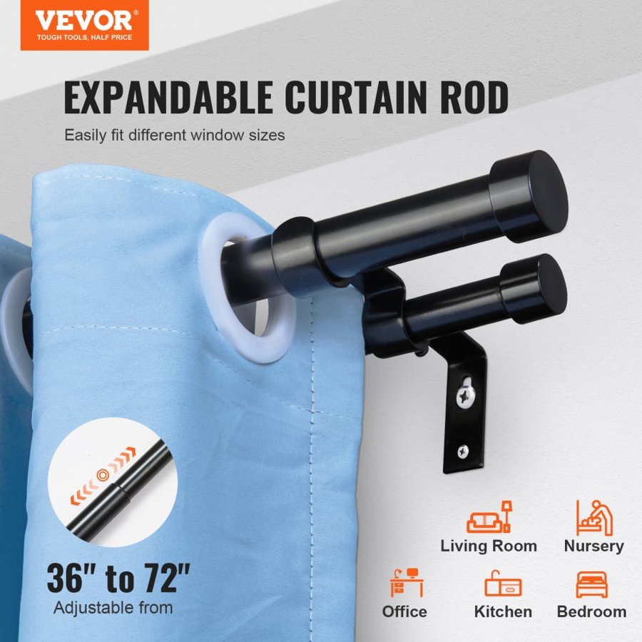 VEVOR Double Rod Curtain Rods, 36-72 inches(3-6ft) Adjustable Length, Black Double Curtain Rods with Cap Finials, 1" and 3/4" Diameter, Double Window Drapery Rod for Sheer and Blackout Curtains