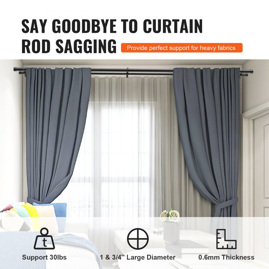 VEVOR Double Rod Curtain Rods, 182.9-365.8 cm Adjustable Length, Black Double Curtain Rods with Cap Finials, 2.5 cm and 1.9 cm Diameter, Double Window Drapery Rod for Sheer and Blackout Curtains