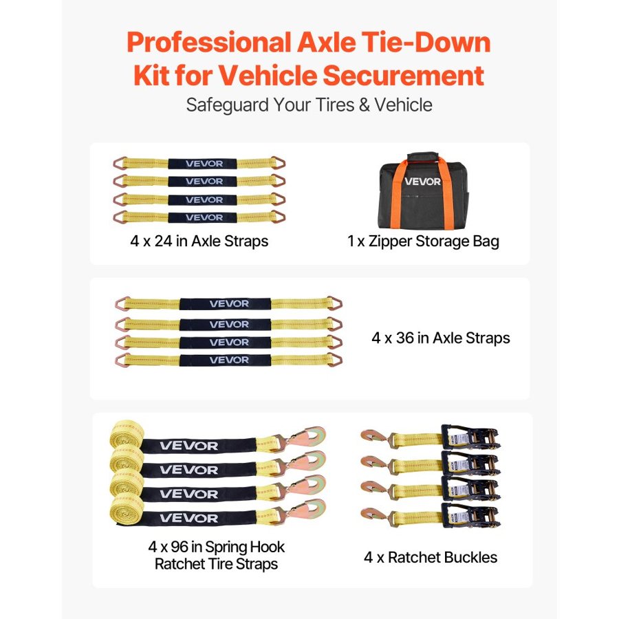VEVOR Axle Strap Tie Downs – 10009 lbs, 96" Ratchet Kit