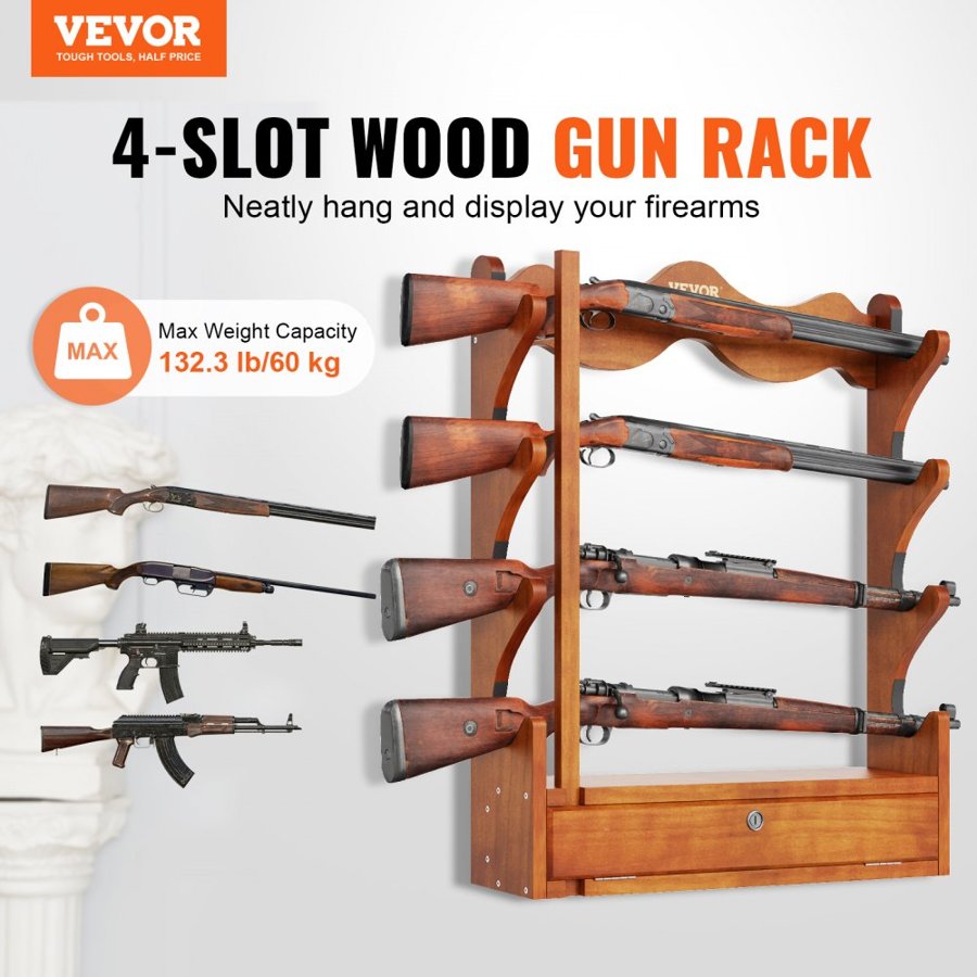 VEVOR Gun Rack, Wood Gun Rack Wall Mount, Gun Display Rack holds 4 Rifles, Shotguns, 60 kg Heavy Duty Wall Storage Display Rifle Rack with Soft Padding