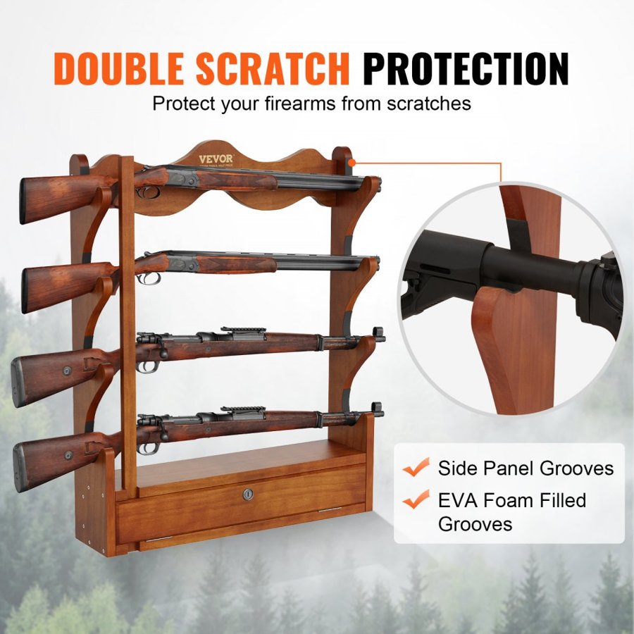 VEVOR Gun Rack, Wood Gun Rack Wall Mount, Gun Display Rack holds 4 Rifles, Shotguns, 60 kg Heavy Duty Wall Storage Display Rifle Rack with Soft Padding