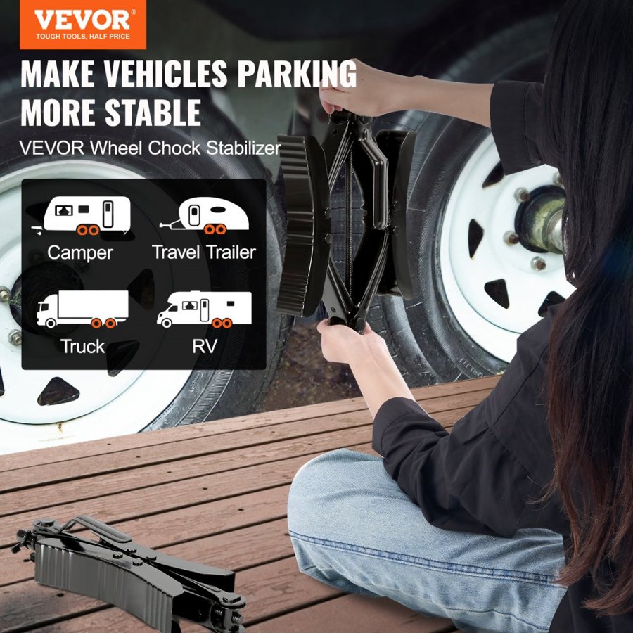 VEVOR Camper Wheel Chock Stabilizer, Heavy Duty H-shaped RV Tire Locking Chock, Built-in Wrench Fit for 3.5" to 12" Tire Space, 2 Sets of Camper Wheel Chocks with Ratchet Wrench for RV Travel Trailer