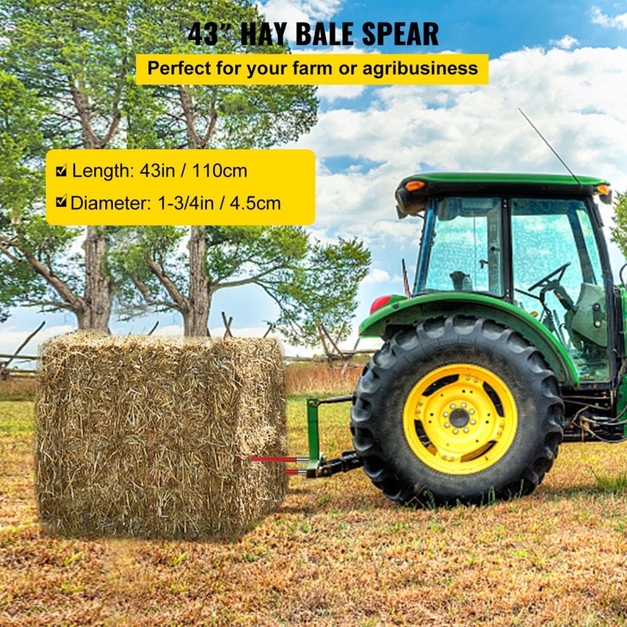 VEVOR Pair Hay Spear 43" Bale Spear 3000 lbs Capacity, Bale Spike Quick Attach Square Hay Bale Spears 1 3/4", Red Coated Bale Forks, Bale Hay Spike with Hex Nut & Sleeve for Buckets Tractors Loaders