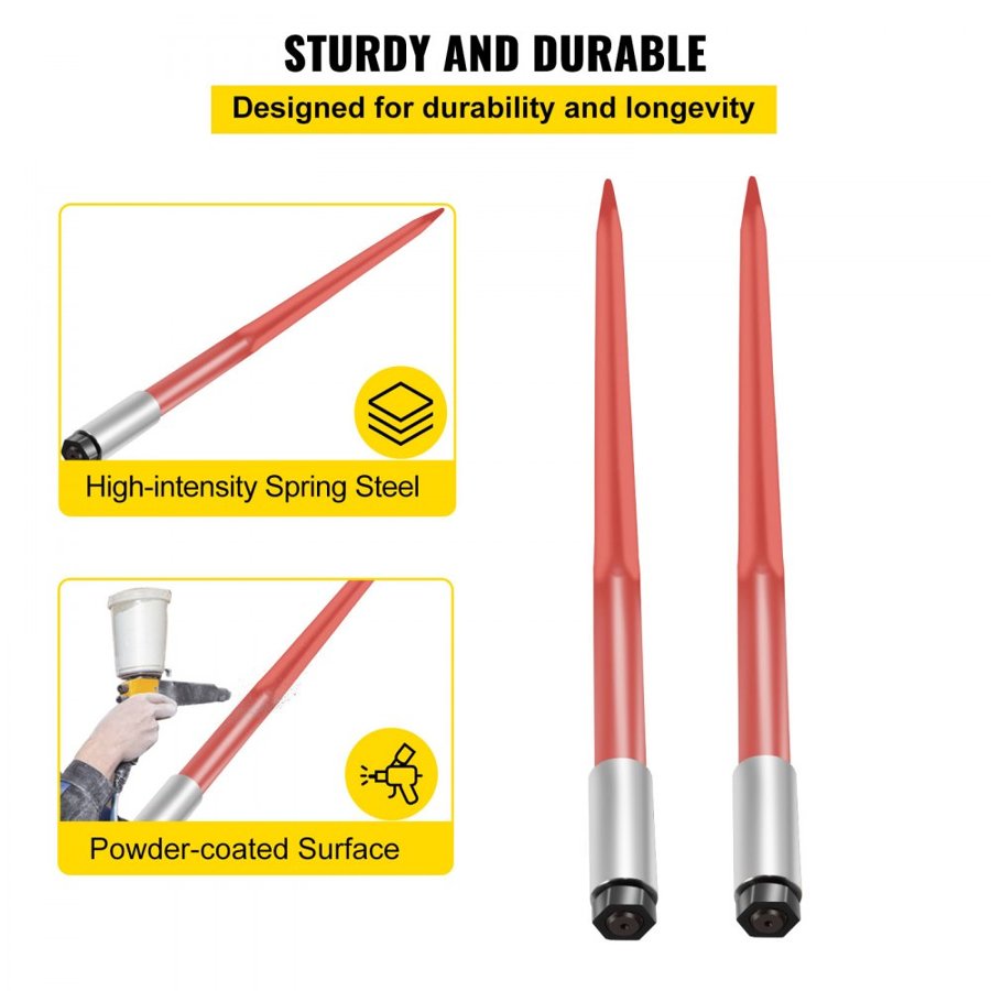 VEVOR Pair Hay Spear 43" Bale Spear 3000 lbs Capacity, Bale Spike Quick Attach Square Hay Bale Spears 1 3/4", Red Coated Bale Forks, Bale Hay Spike with Hex Nut & Sleeve for Buckets Tractors Loaders