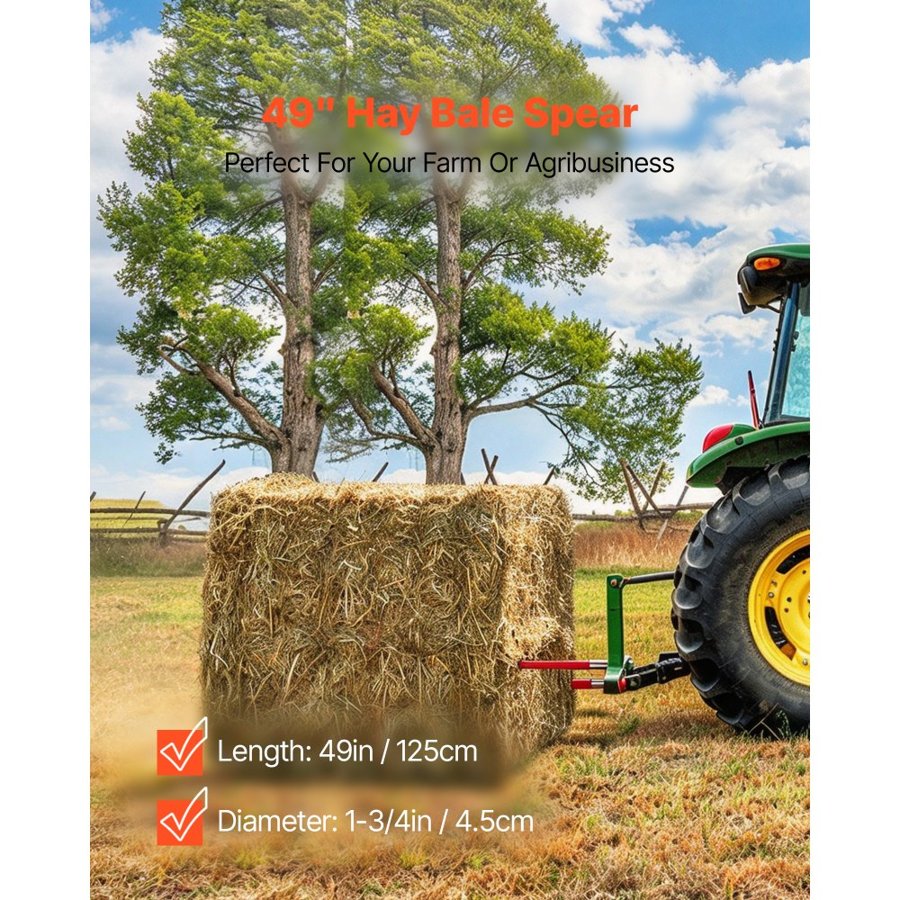 VEVOR Pair Hay Spear 49" Bale Spear 3000 lbs Capacity, Bale Spike Quick Attach Square Hay Bale Spears 1 3/4", Red Coated Bale Forks, Bale Hay Spike with Hex Nut & Sleeve for Buckets Tractors Loaders
