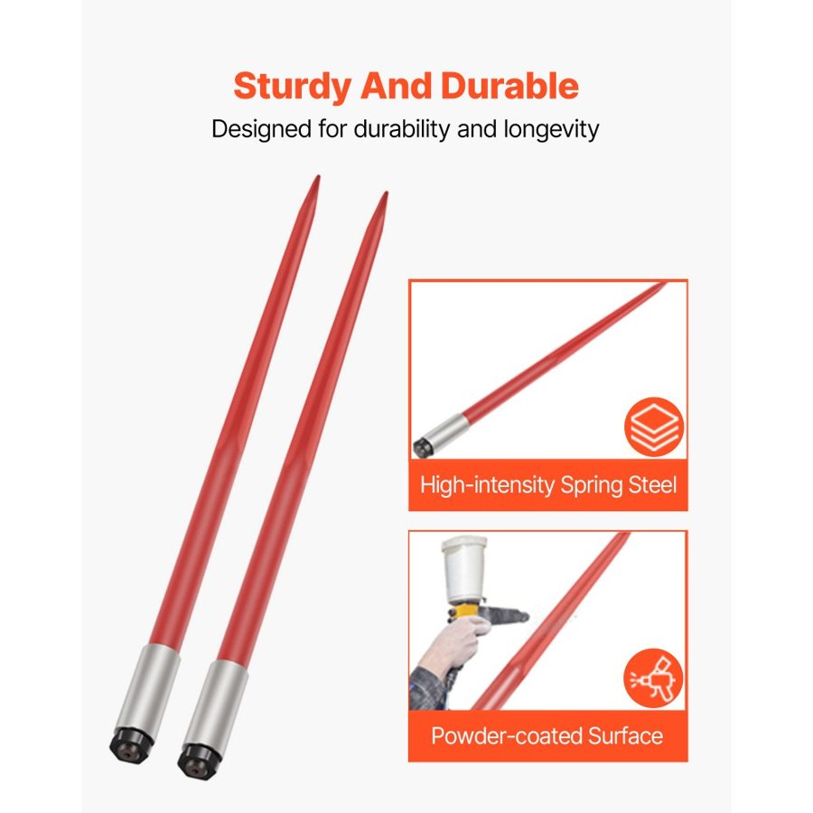 VEVOR Pair Hay Spear 49" Bale Spear 3000 lbs Capacity, Bale Spike Quick Attach Square Hay Bale Spears 1 3/4", Red Coated Bale Forks, Bale Hay Spike with Hex Nut & Sleeve for Buckets Tractors Loaders