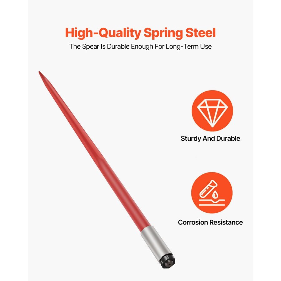 VEVOR Hay Spear 49" Bale Spear 4500 lbs Capacity, Bale Spike Quick Attach Square Hay Bale Spears 1 3/4" wide, Red Coated Bale Forks, Bale Hay Spike with Hex Nut & Sleeve for Buckets Tractors Loaders