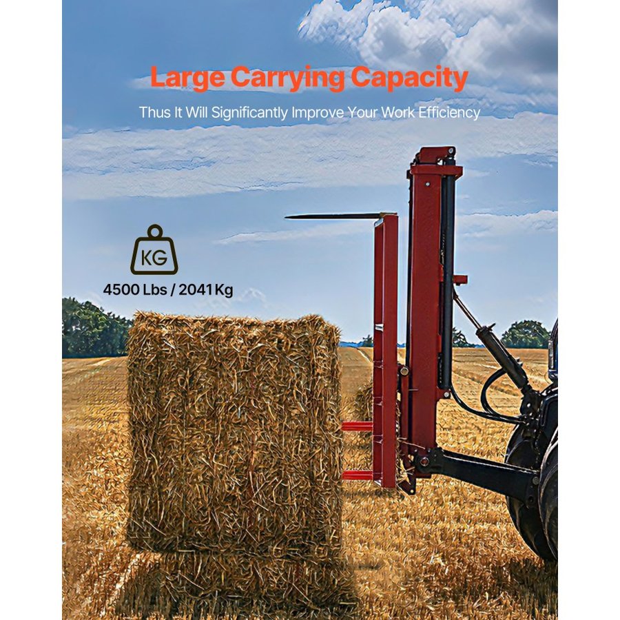 VEVOR Hay Spear 49" Bale Spear 4500 lbs Capacity, Bale Spike Quick Attach Square Hay Bale Spears 1 3/4" wide, Red Coated Bale Forks, Bale Hay Spike with Hex Nut & Sleeve for Buckets Tractors Loaders