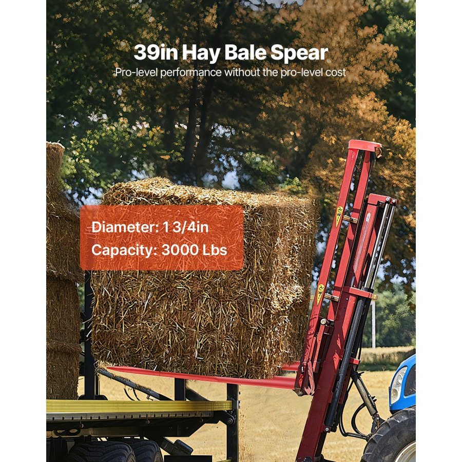 VEVOR Pair Hay Spear 39" Bale Spear 3000 lbs Capacity, Bale Spike Quick Attach Square Hay Bale Spears 1 3/4", Red Coated Bale Forks, Bale Hay Spike with Hex Nut & Sleeve for Buckets Tractors Loaders