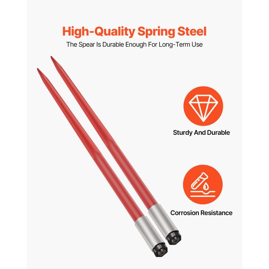 VEVOR Pair Hay Spear 39" Bale Spear 3000 lbs Capacity, Bale Spike Quick Attach Square Hay Bale Spears 1 3/4", Red Coated Bale Forks, Bale Hay Spike with Hex Nut & Sleeve for Buckets Tractors Loaders