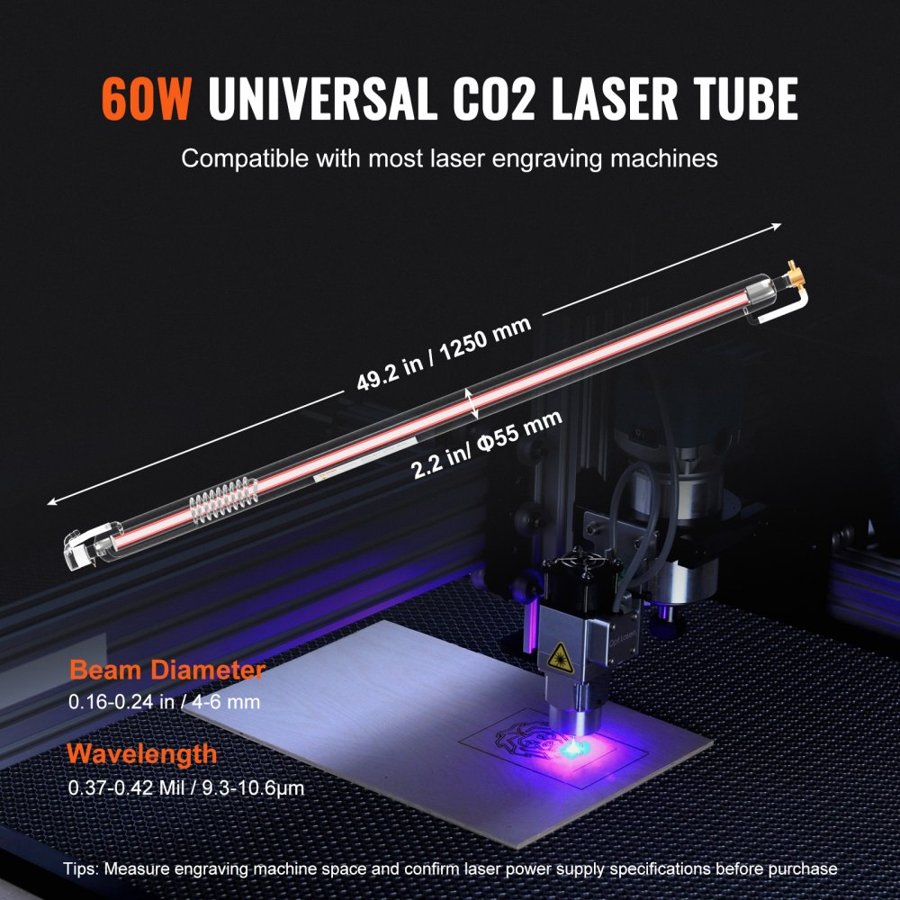 VEVOR 60W CO2 Laser Tube, 49.2 in (1250 mm) Length, 2 in (55 mm) Dia Borosilicate Glass Laser Cutter Tube with Metal Head, 5000-6000hr Wires Preconnected for Laser Engraver Engraving Cutting Machine