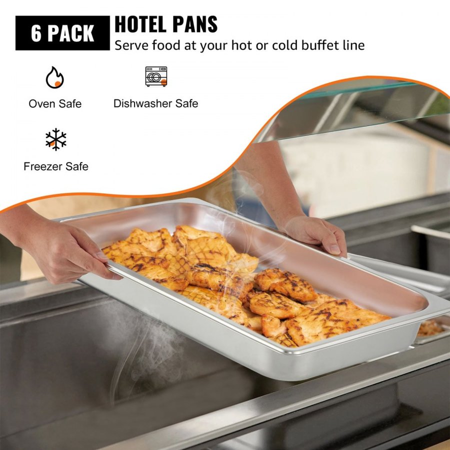 VEVOR 6 Pack Steam Table Pans 20.9 x 12.8 x 2.6 Inch Deep Steam Table Pan Full Size 8.5L Deep Food Container Stainless Steel Oven Tray Hotel Pans Anti-Jam Steam Table Food Pan