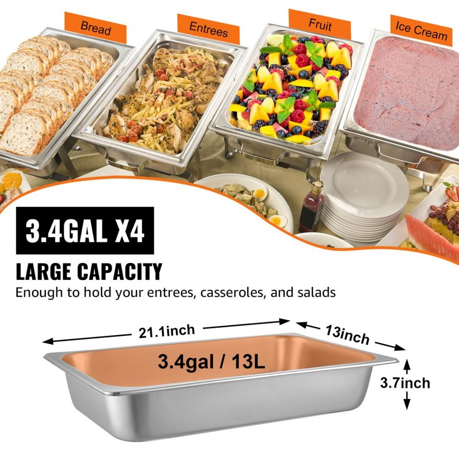VEVOR 4 Pack Steam Table Pans 20.9 x 12.8 x 3.9 Inch Deep Steam Table Pan Full Size 13L Deep Food Container Stainless Steel Oven Tray Hotel Pans Anti-Jam Steam Table Food Pan