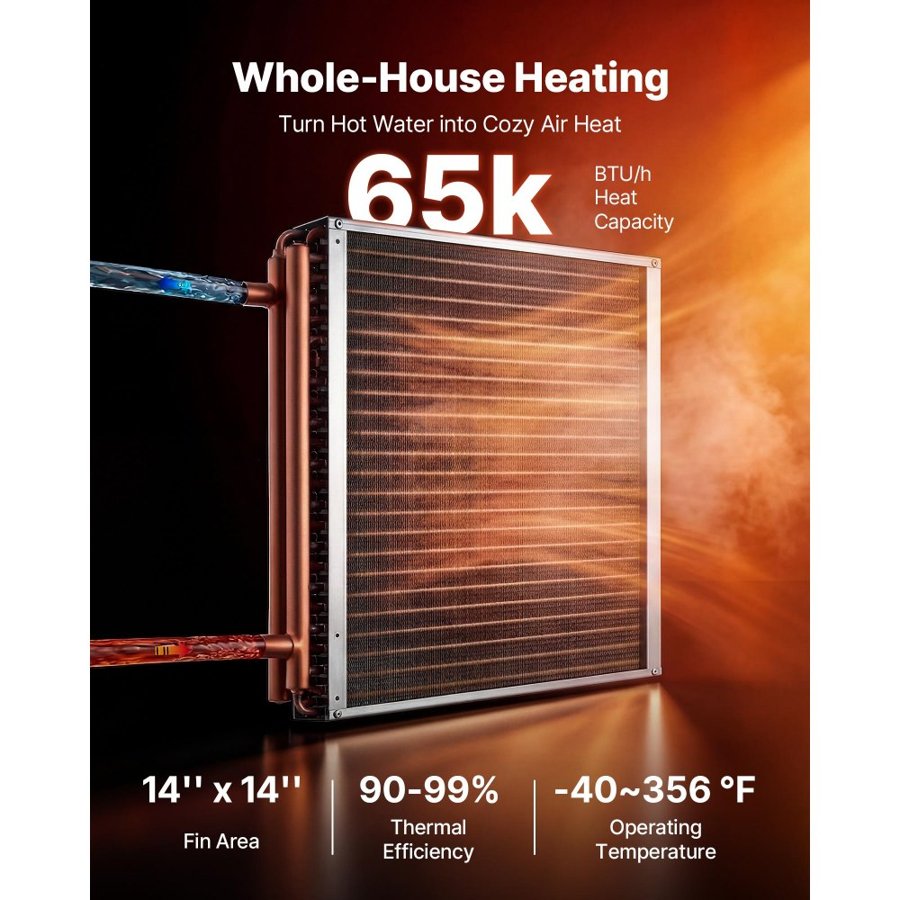 VEVOR Water to Air Heat Exchanger, 356 x 356 mm Finned Tube HVAC Heat Exchanger Coil with Copper Tubes & Aluminum Fins, 65K BTU Output for Outdoor Wood Furnace, Hydronic Heating & Cooling Systems