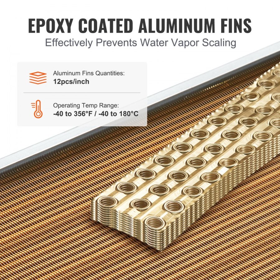 VEVOR 18"x 20"/45.7 x 50.8 cm Heat Exchanger Water to Air 3-Row 3/8"/ 1 cm Copper Ports 242 Fins