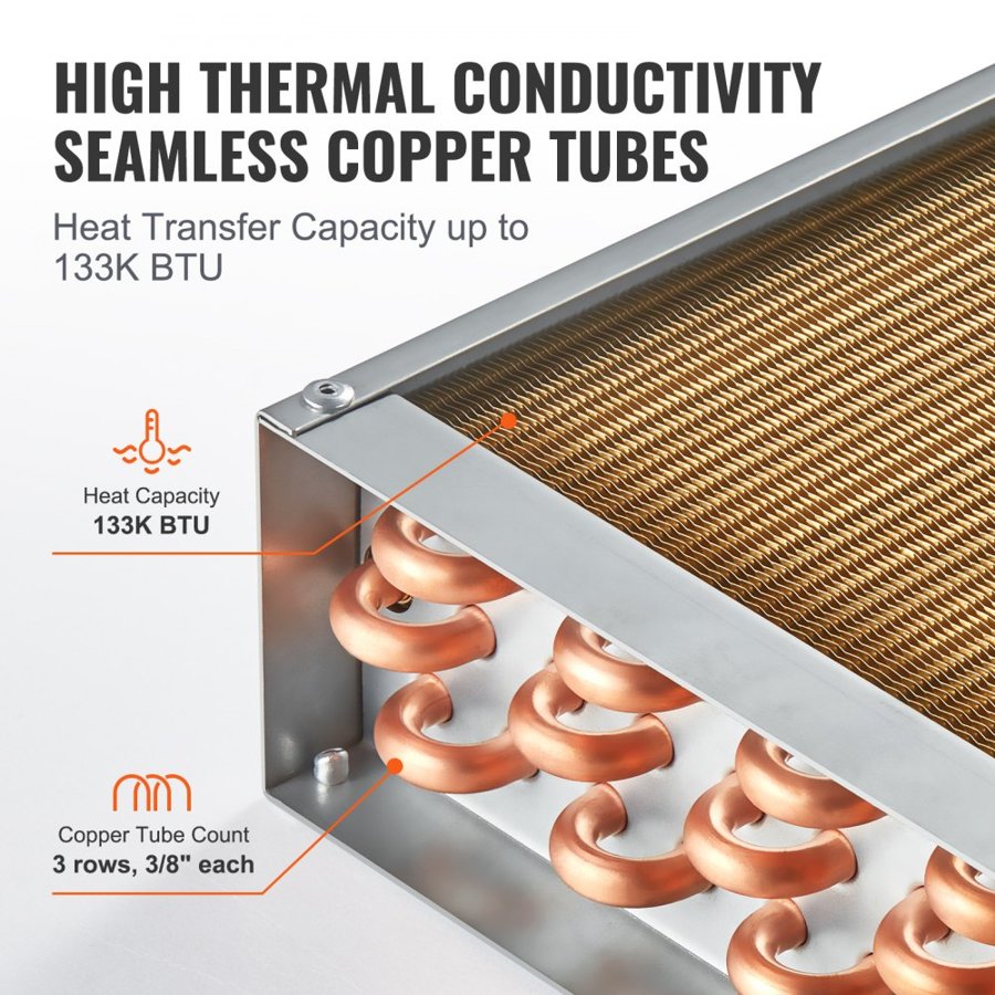 VEVOR 18"x 20"/45.7 x 50.8 cm Heat Exchanger Water to Air 3-Row 3/8"/ 1 cm Copper Ports 242 Fins