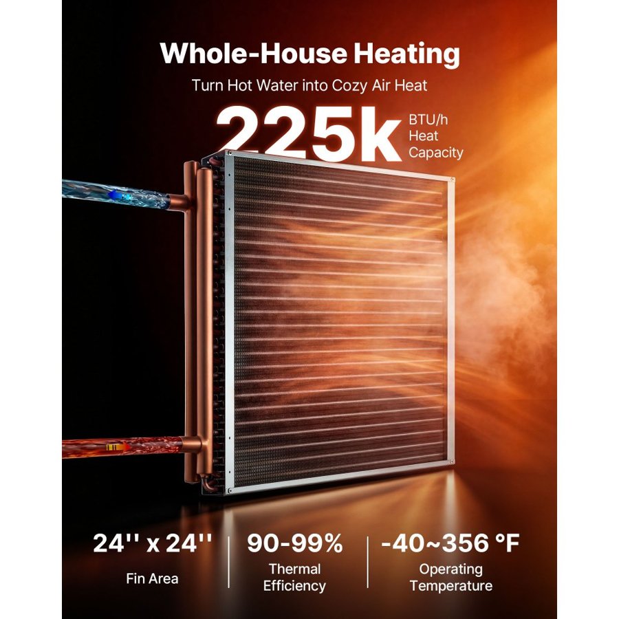 VEVOR Water to Air Heat Exchanger, 610 x 610 mm Finned Tube HVAC Heat Exchanger Coil with Copper Tubes & Aluminum Fins, 225K BTU Output for Outdoor Wood Furnace, Hydronic Heating & Cooling Systems